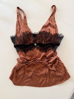 Roberto Cavalli Rust Brown Satin Lace-Trim Camisole